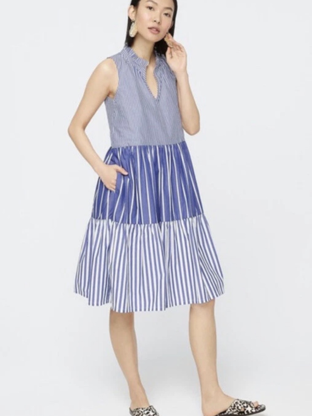 J. Crew Sleeveless tiered popover dress in mixed stripe white and blue Sz M